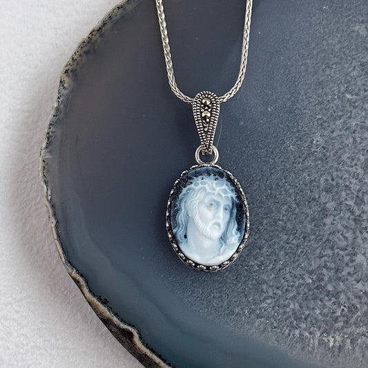 Dainty Head of Christ Necklace, Vintage Cameo Gemstone Jewelry, Religious Gifts for Women