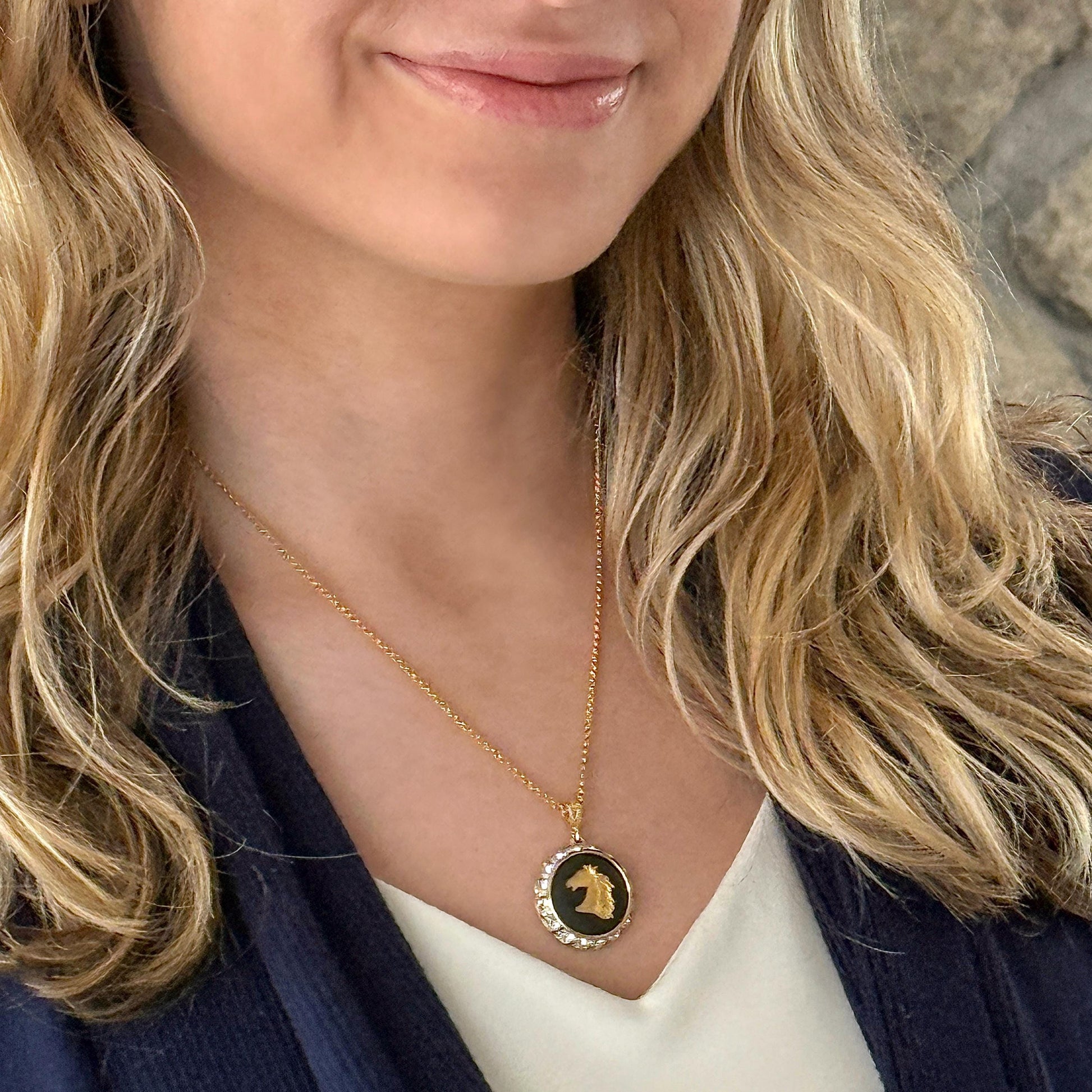 Vintage Wedgwood Horse Cameo Necklace, Black and Gold Equine Gift for Horse Lover, Crystal Jewelry