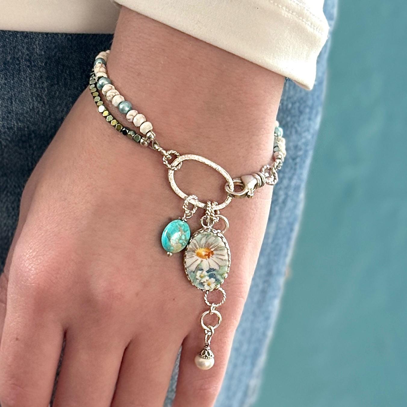 Daisy China Turquoise Bracelet, Unique 18th and 20th Anniversary Gift for Wife, Porcelain Broken China jewelry
