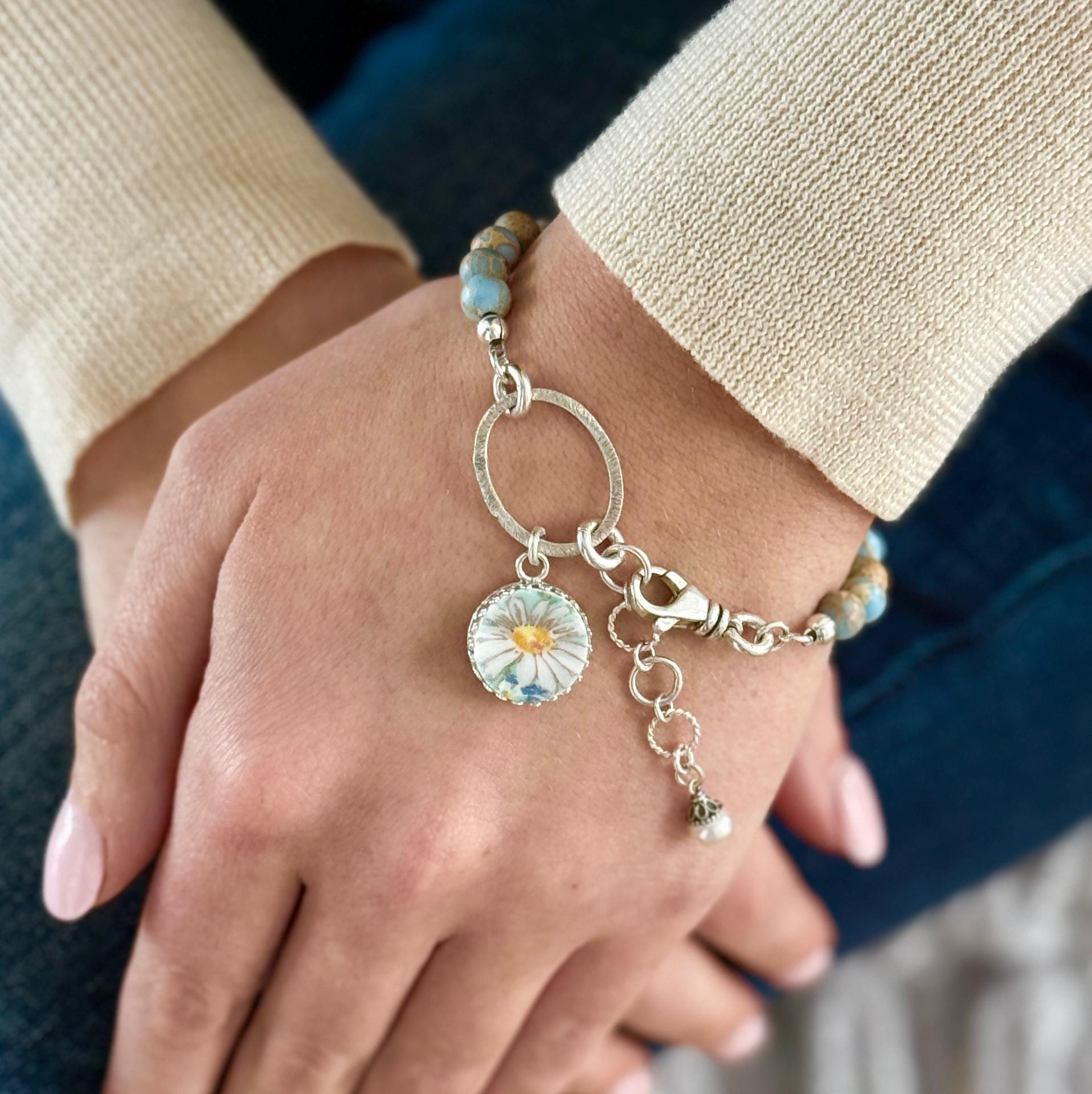 One-of-a-Kind 2nd Anniversary Jewelry Gift for Wife, Natural Jasper Daisy & China Bracelet, Handmade Beaded Gemstone Bracelet