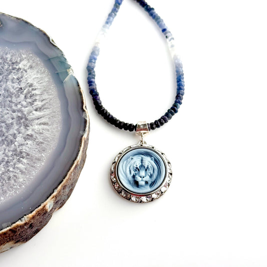 Tiger Cameo Necklace, Natural Gemstone Animal Jewelry, Sapphire Gifts for Men and Women