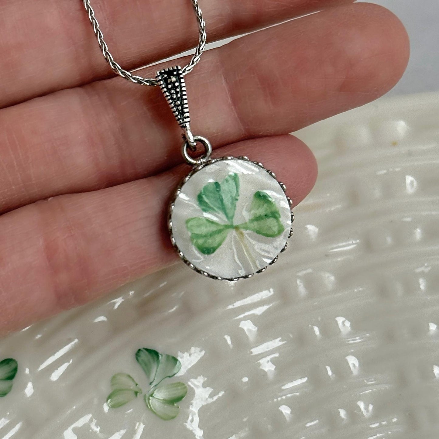 Repurposed Belleek China, Sterling Silver Celtic Jewelry, Shamrock Pendant Necklace
