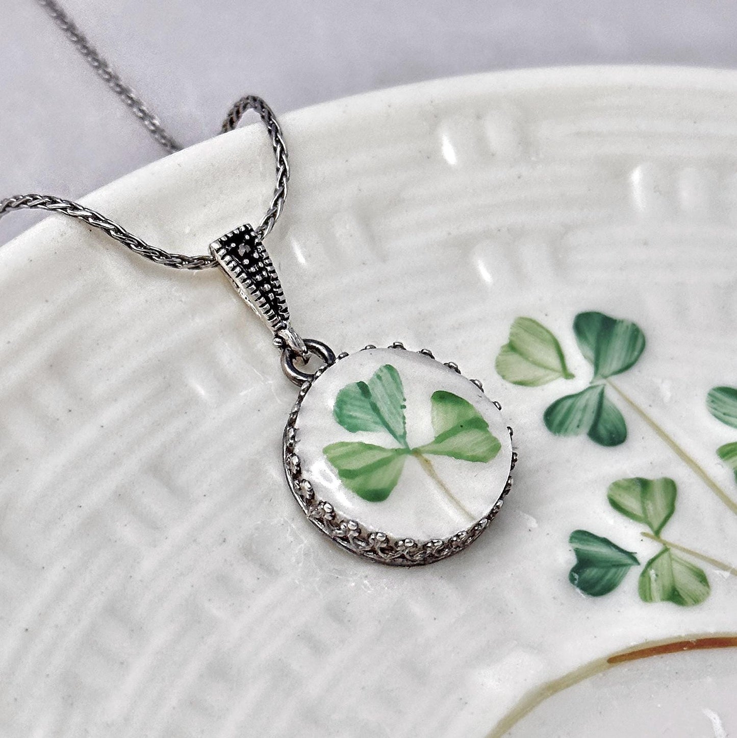 Repurposed Belleek China, Sterling Silver Celtic Jewelry, Shamrock Pendant Necklace