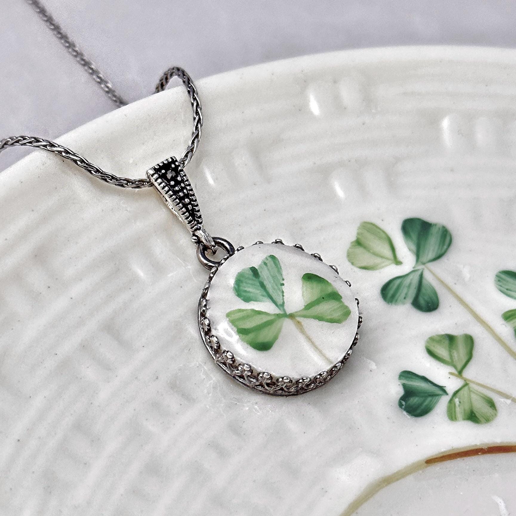 Repurposed Belleek China, Sterling Silver Celtic Jewelry, Shamrock Pendant Necklace