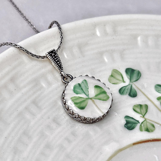 Repurposed Belleek China, Sterling Silver Celtic Jewelry, Shamrock Pendant Necklace