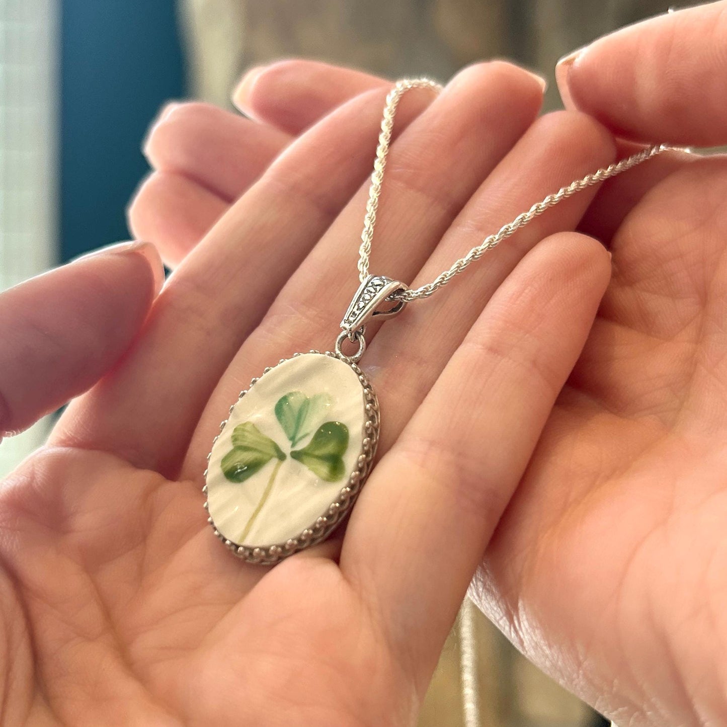 Irish Clover Belleek Necklace, One-of-a-Kind Sterling Silver Jewelry, Handmade Gifts for Women