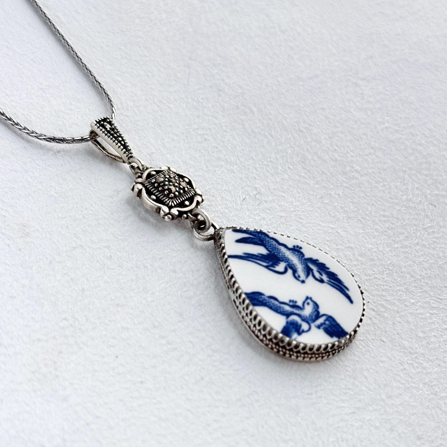 20th Anniversary Gift for Wife, Adjustable Blue Willow China Necklace, Love Birds Teardrop Pendant