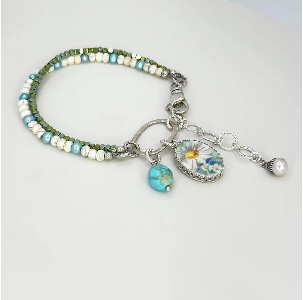 Daisy China Turquoise Bracelet, Unique 18th and 20th Anniversary Gift for Wife, Porcelain Broken China jewelry