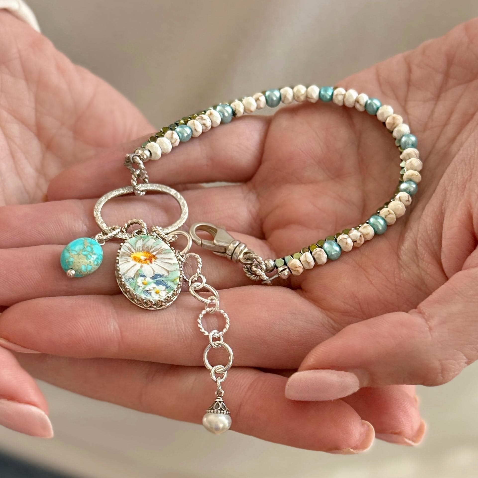 Daisy China Turquoise Bracelet, Unique 18th and 20th Anniversary Gift for Wife, Porcelain Broken China jewelry