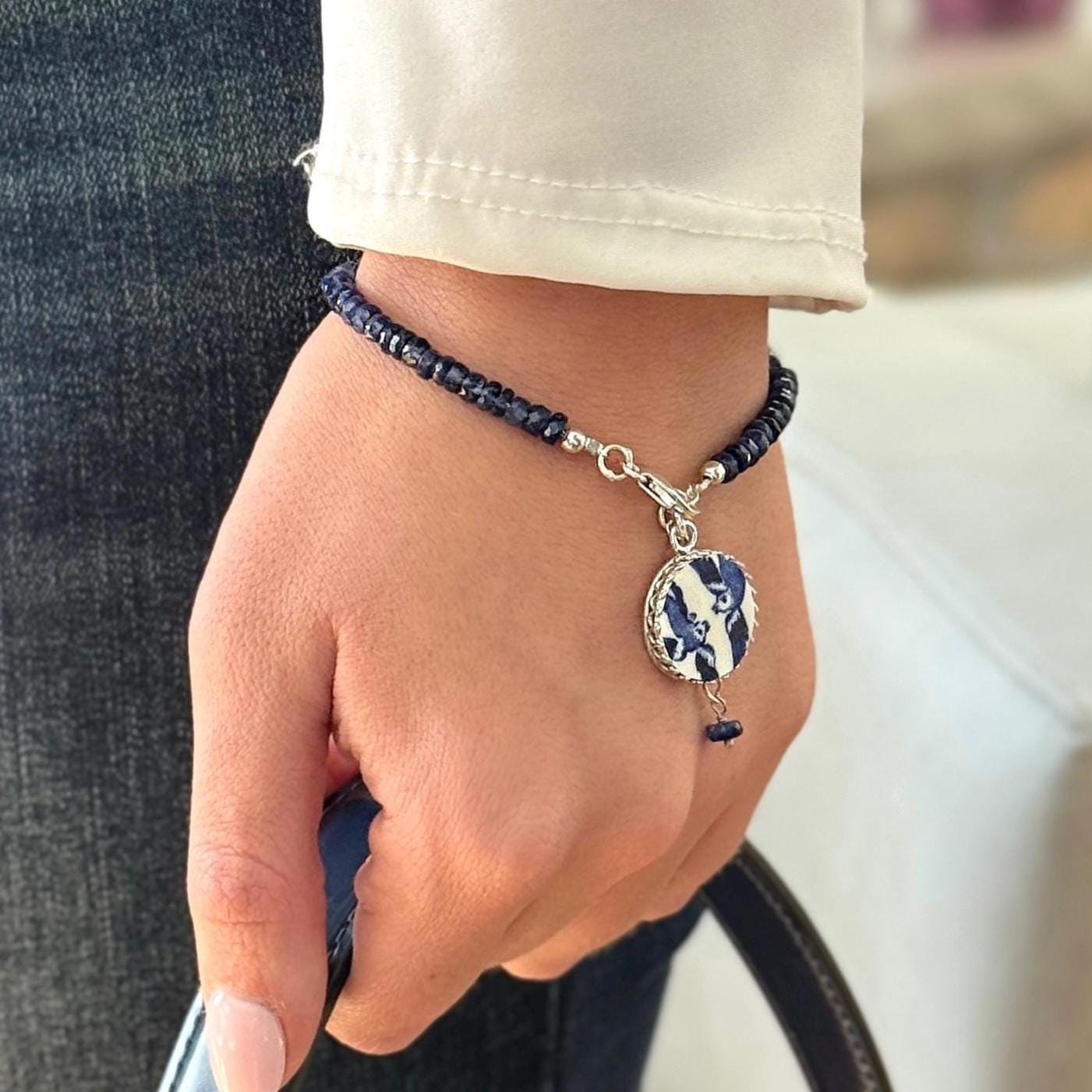 Sapphire and Love Birds Charm Bracelet, Romantic 18th Wedding Anniversary Gifts for Wife, Antique Porcelain