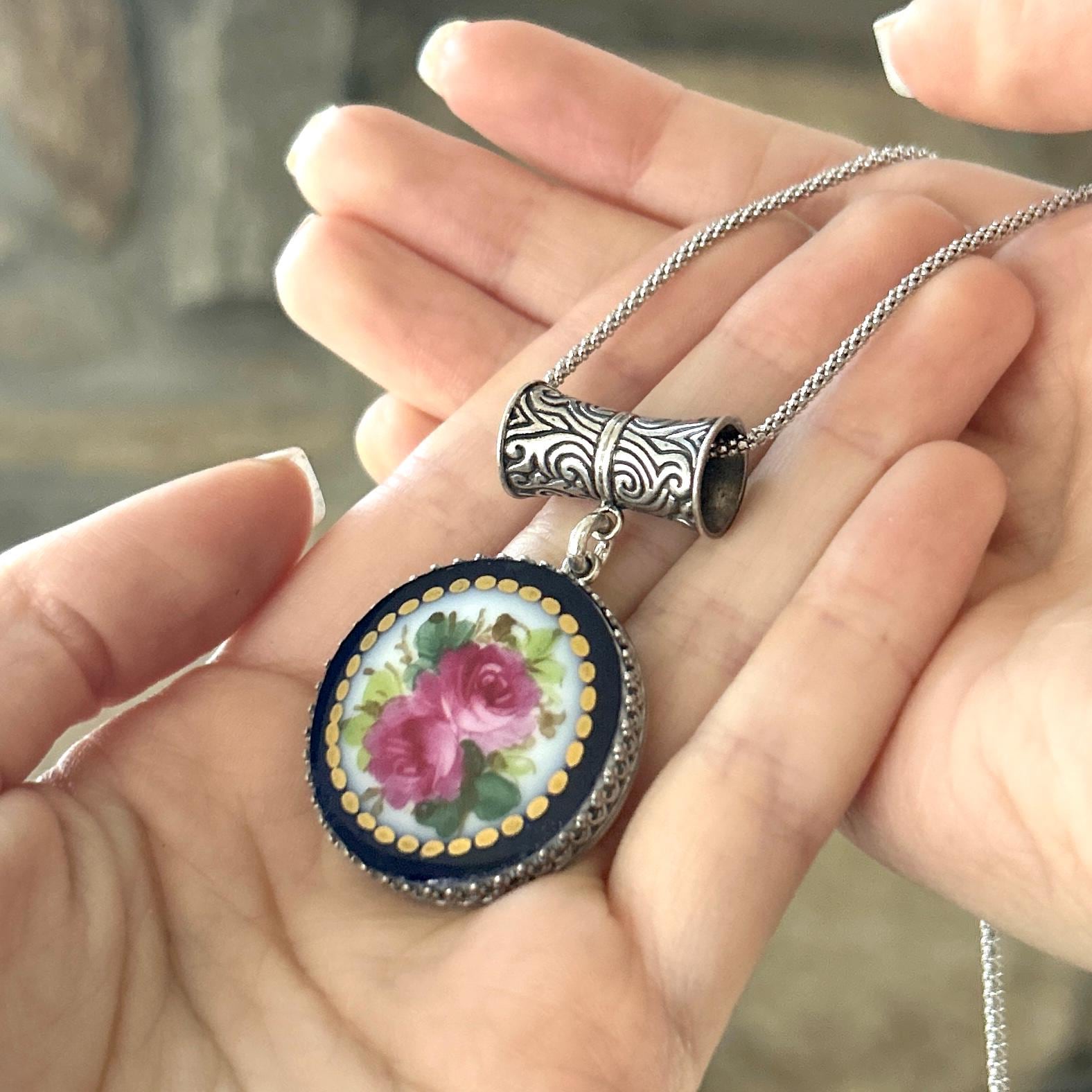 Romantic Antique Rose Button Necklace, Porcelain 18th Anniversary Gift for Wife, Hand Painted