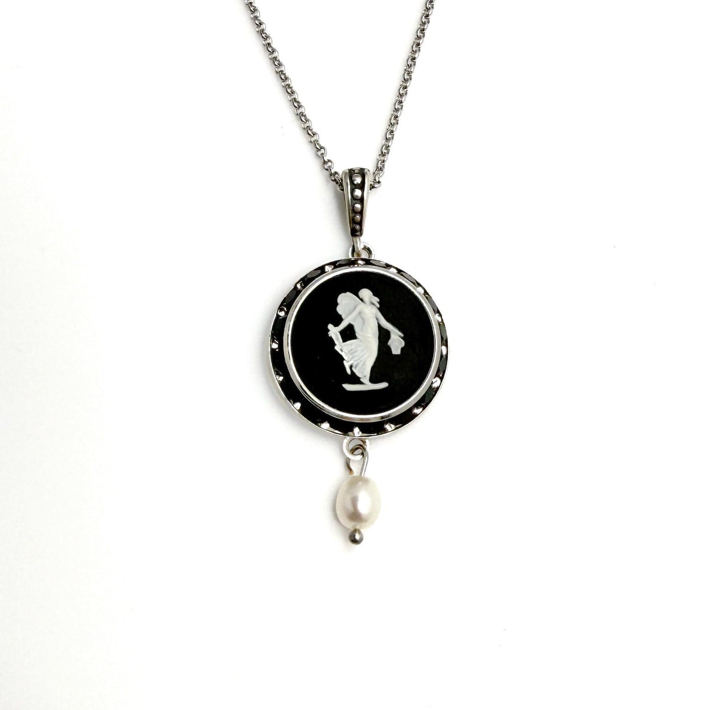 Victorian Angel Necklace, Black Wedgwood Cameo Jewelry, Unique Gifts for Women