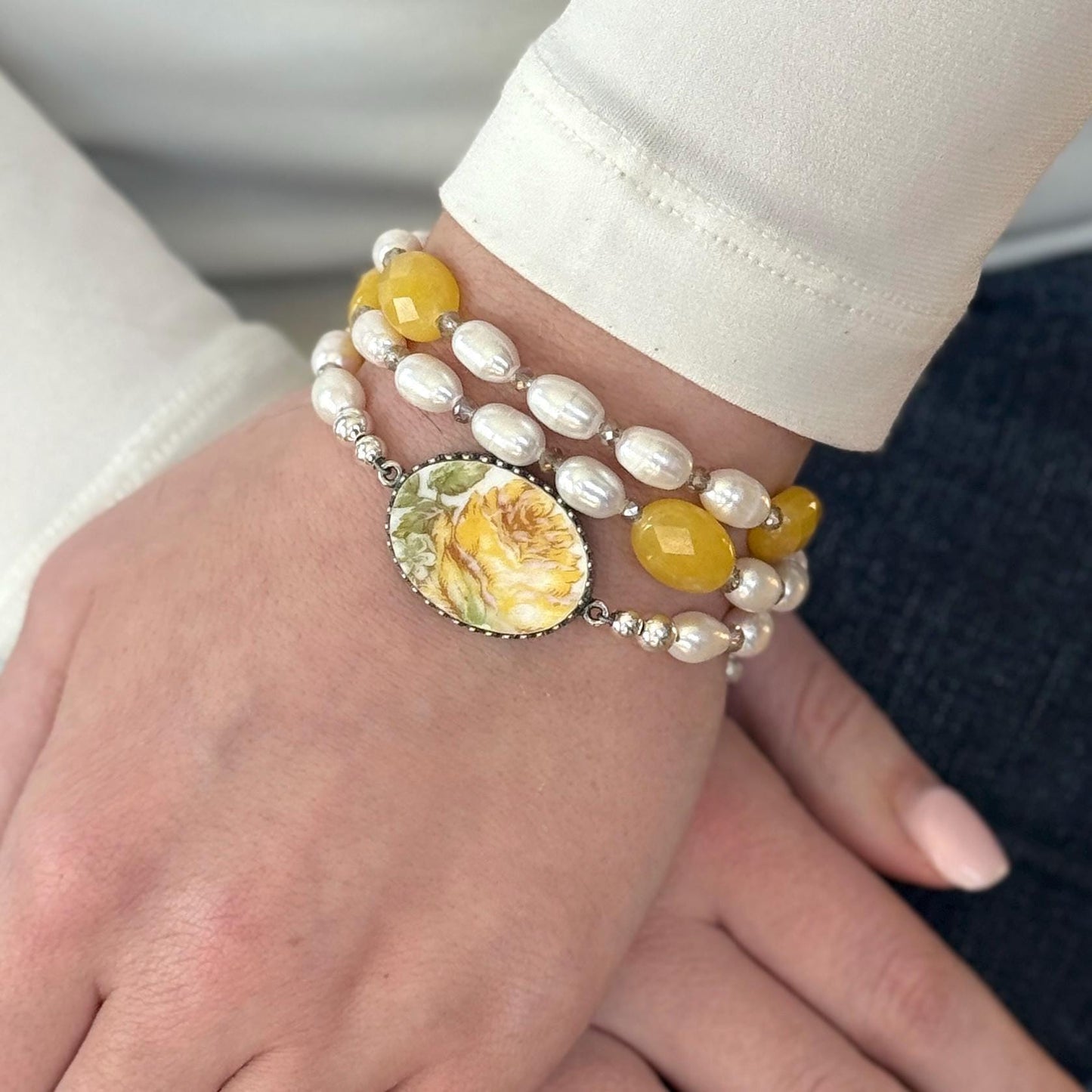 Yellow Rose Friendship Flower, Pearl & Jade Beaded Wrap Bracelet, Porcelain Gift for Friend