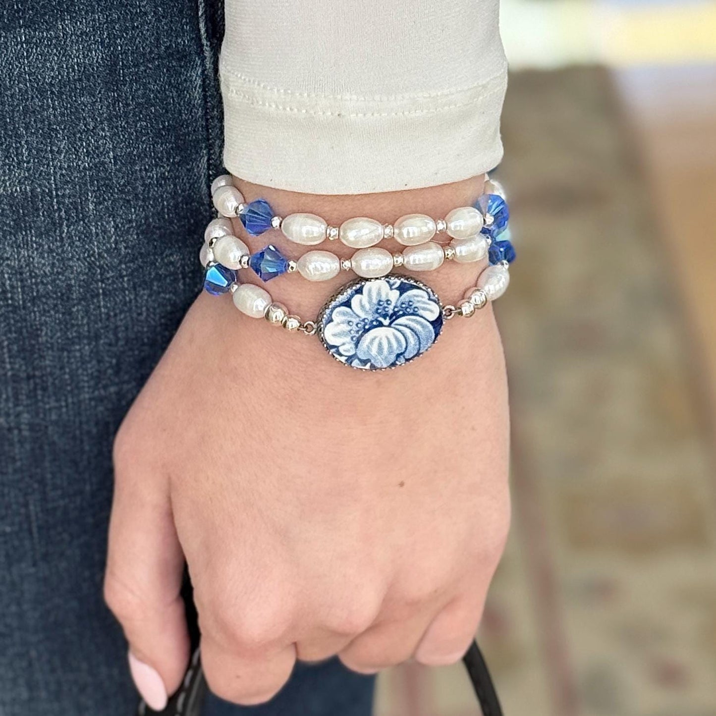 One-of-a-Kind, Liberty Blue China Wrap Bracelet, Statement Jewelry Gifts for Her