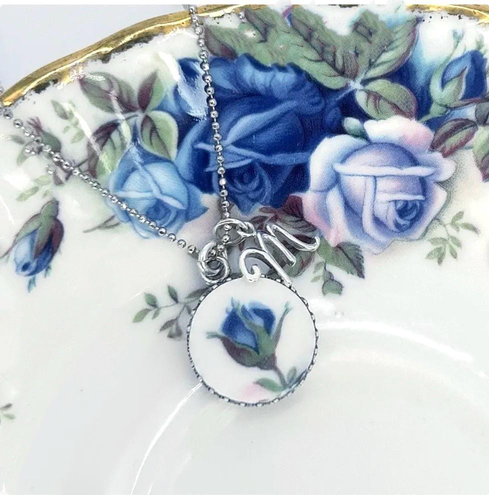 20th Anniversary China Gift, Adjustable Blue Rose Initial Necklace, Personalized Gift for Wife,