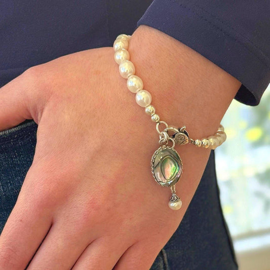 Pearl and Abalone Shell Bracelet, White Summer Jewelry, Tropical Beach Wedding