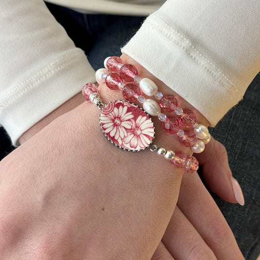 Strawberry Fair Beaded Wrap Bracelet, Vintage Broken China Jewelry,Rose Quartz & Pearl Bracelet