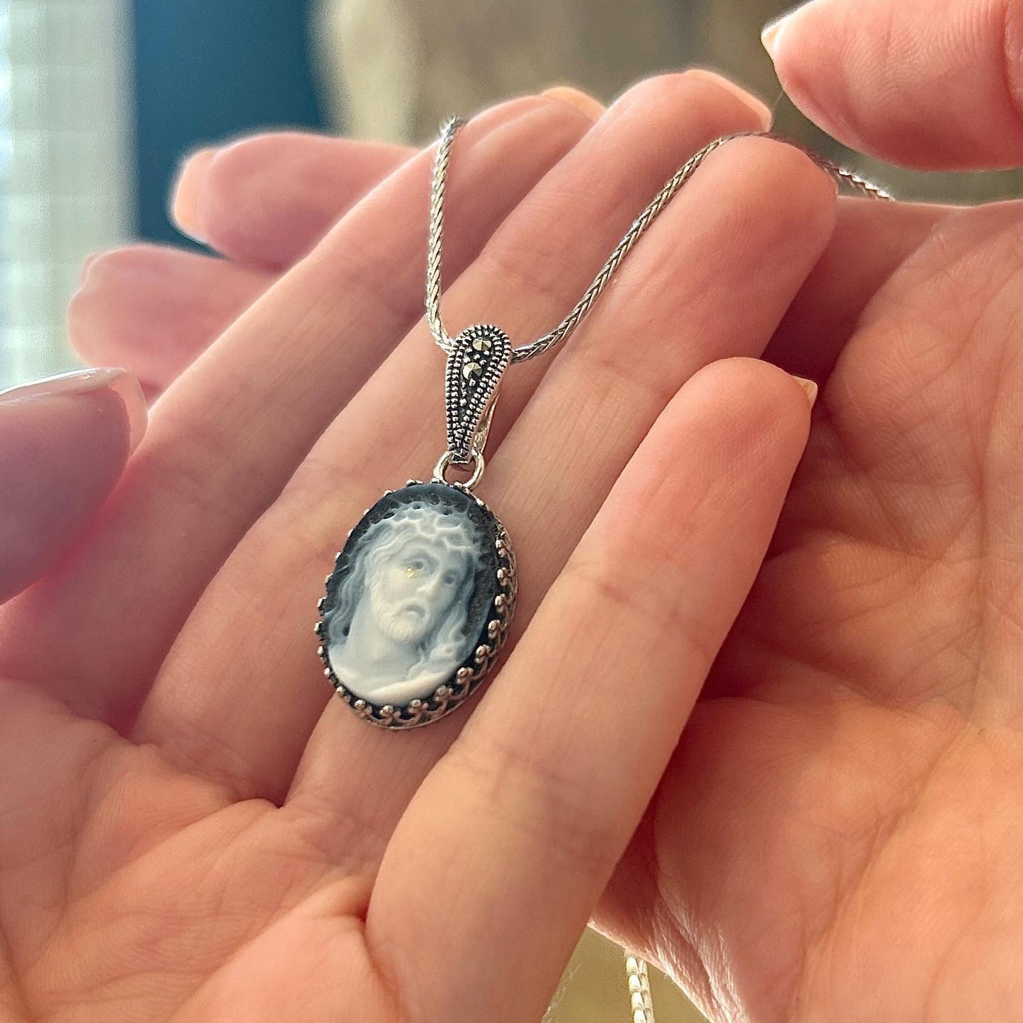 Dainty Head of Christ Necklace, Jesus Cameo Gemstone Jewelry, Religious Gifts for Women