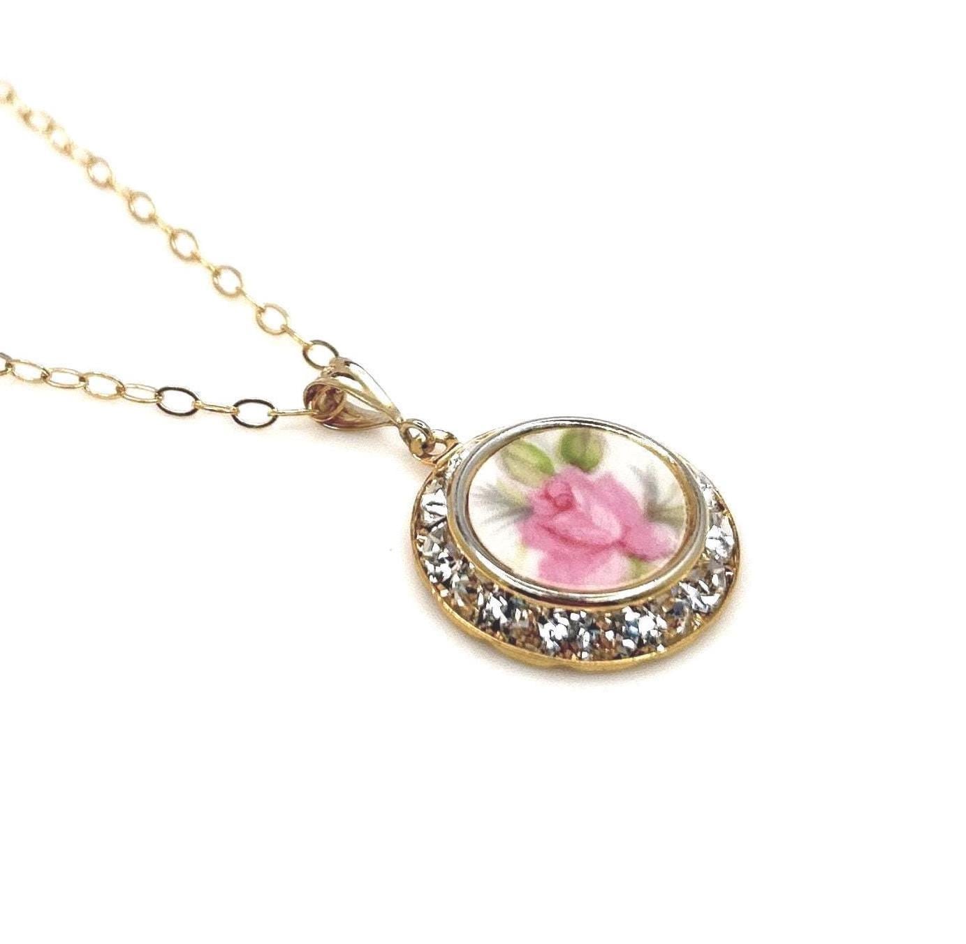 One-of-a-Kind 18th Anniversary Gift for Wife, Dainty Gold Crystal Porcelain Necklace