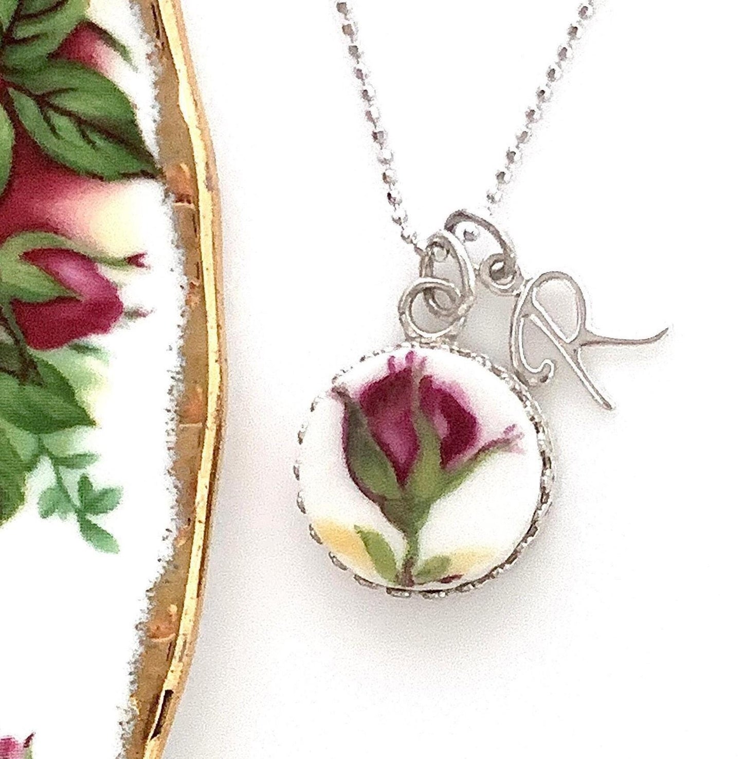 20th Anniversary China Gift, Adjustable Red Rose Initial Necklace, Personalized Gift for Wife