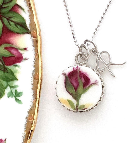 20th Anniversary China Gift, Adjustable Red Rose Initial Necklace, Personalized Gift for Wife
