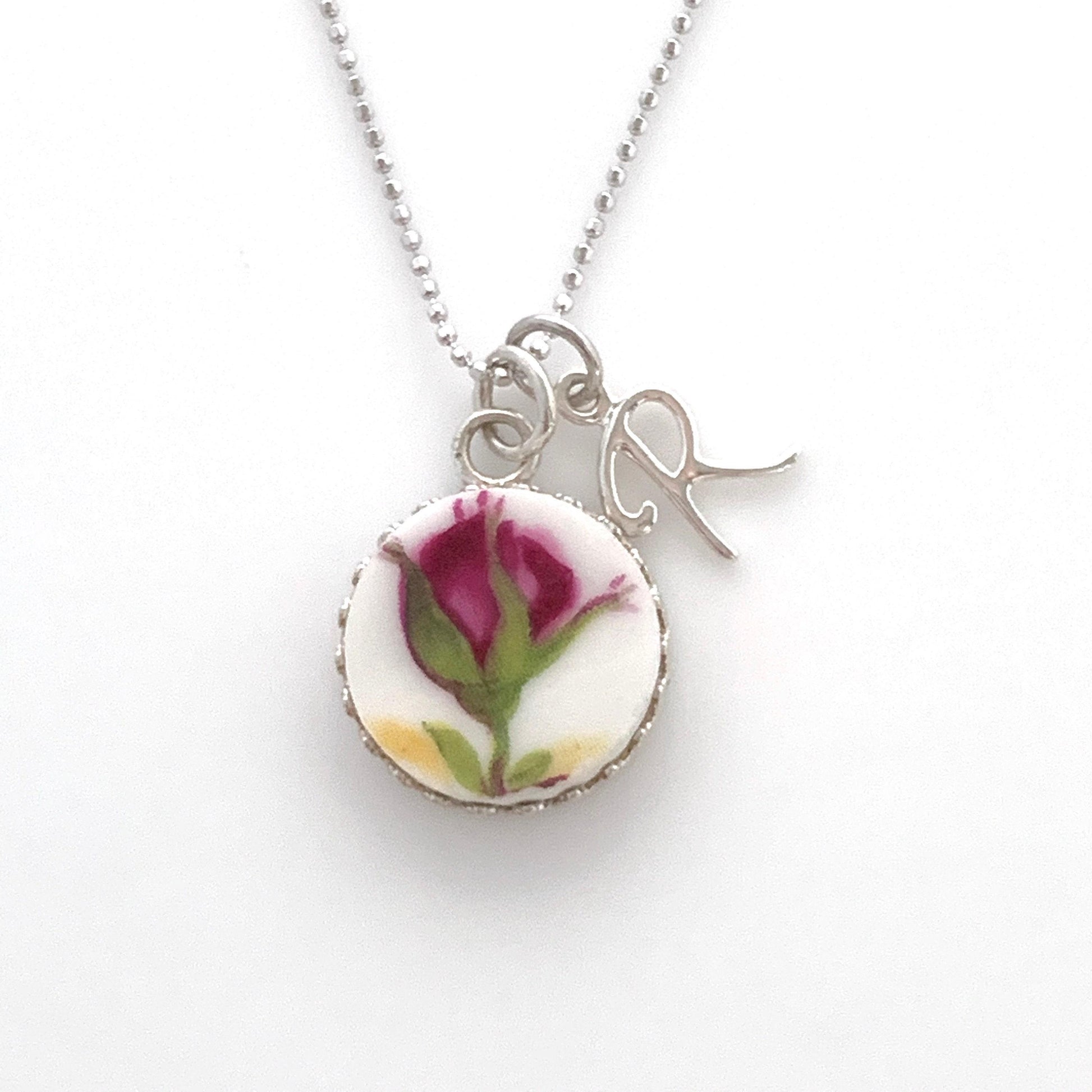 20th Anniversary China Gift, Adjustable Red Rose Initial Necklace, Personalized Gift for Wife