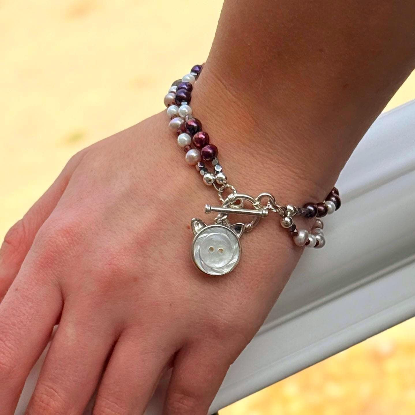 Vintage Button Cat Bracelet, Jewelry Gift for Cat Mom