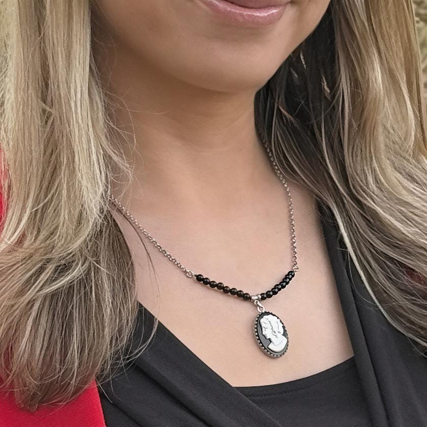 Vintage Cameo Jewelry, Victorian Black Onyx Necklace, Unique Gifts for Her