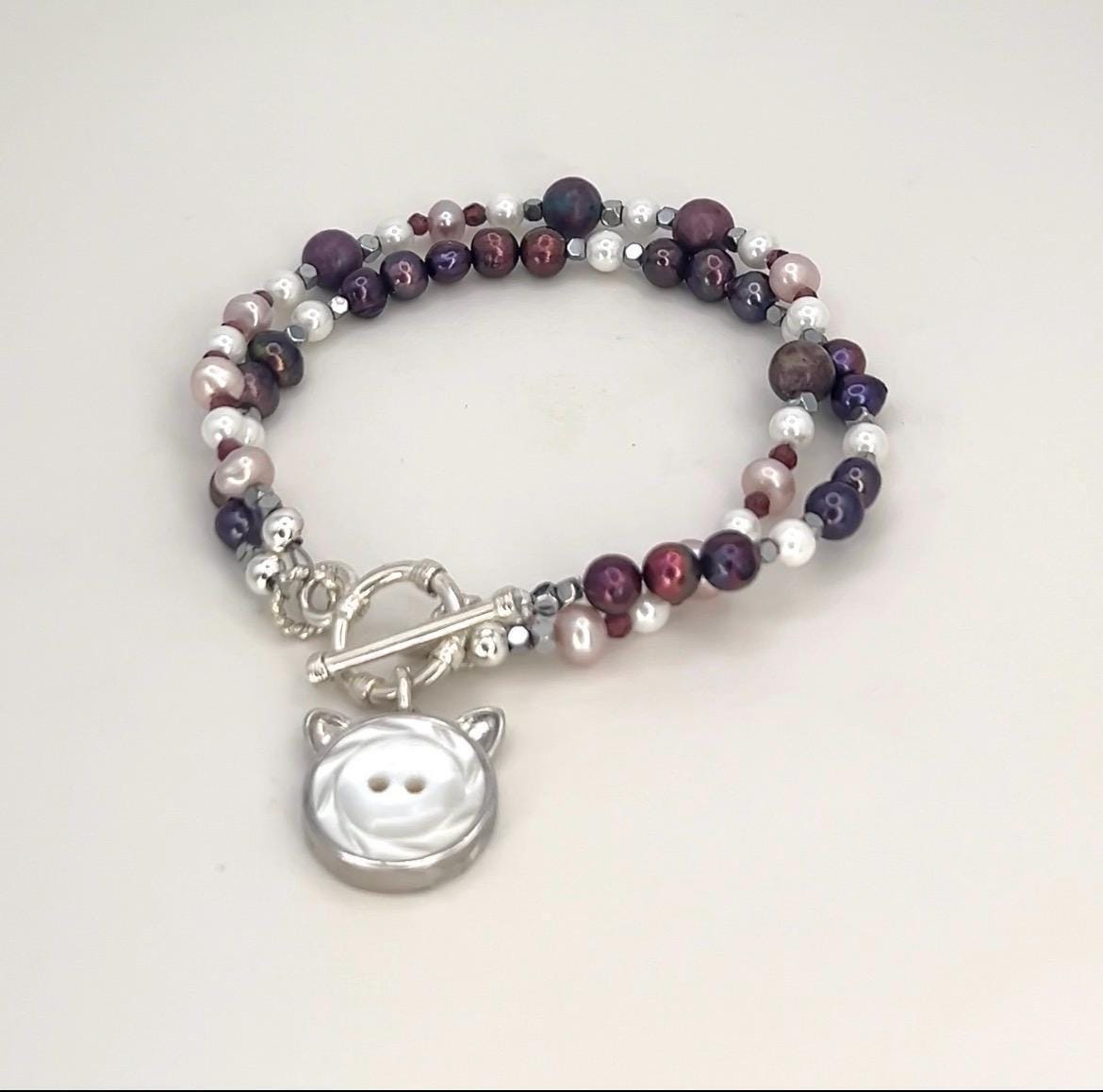 Vintage Button Cat Bracelet, Jewelry Gift for Cat Mom