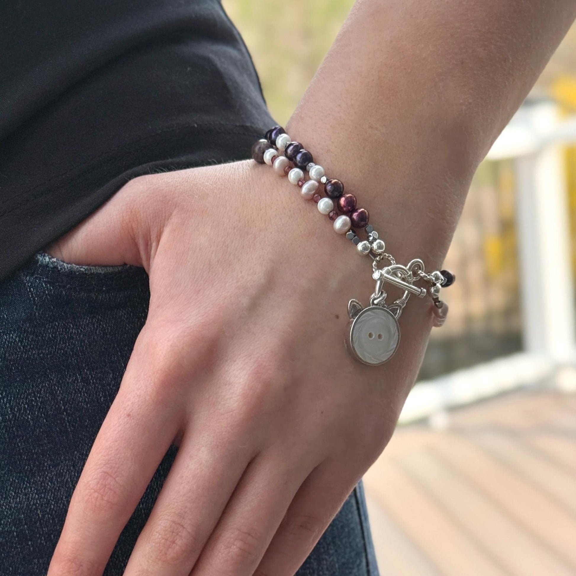 Vintage Button Cat Bracelet, Jewelry Gift for Cat Mom