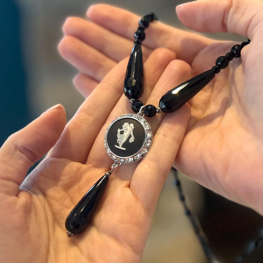 Wedgwood Angel Necklace, Black Onyx Statement Necklace, Victorian Cameo Jewelry