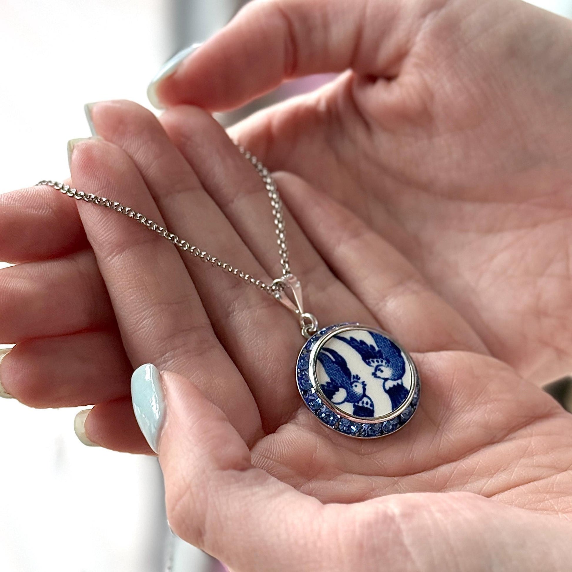 Love Birds China Necklace, Romantic 20th Anniversary Gift for Wife, Crystal Blue Willow Jewelry