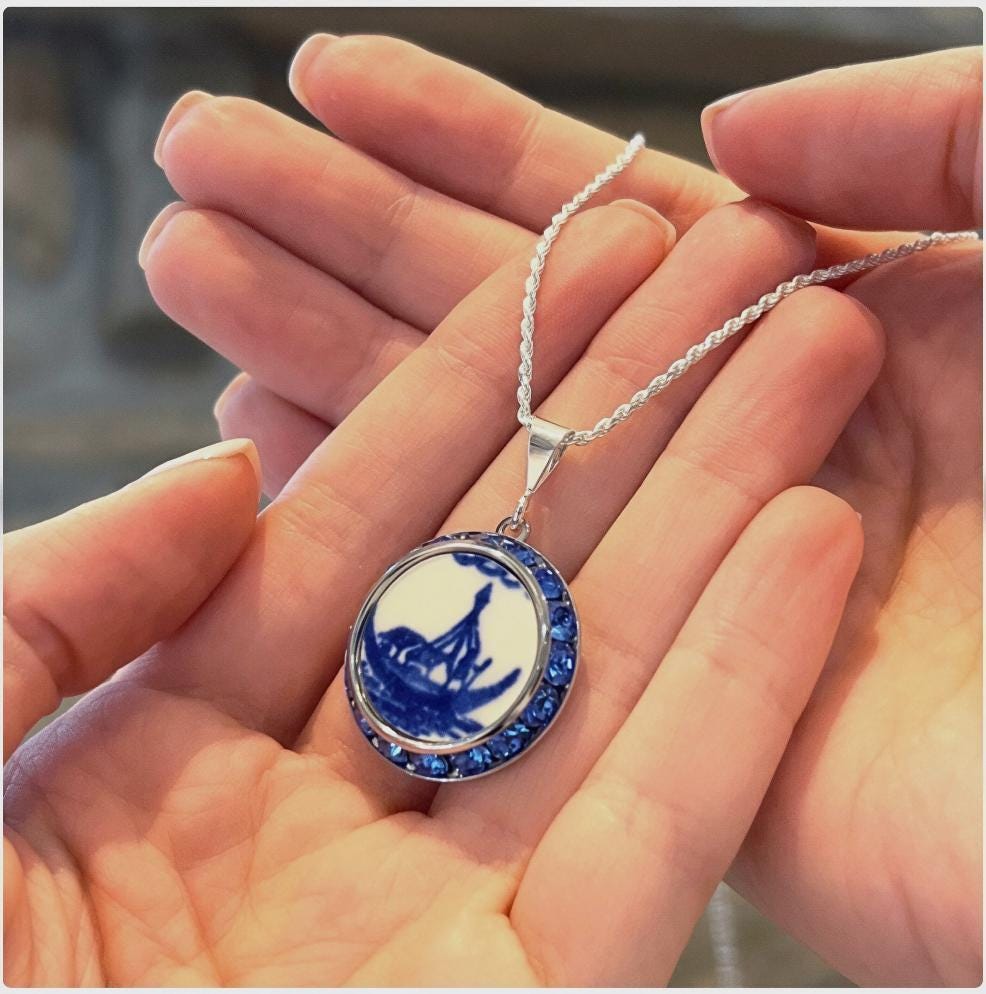 Vintage Blue Willow China, Nautical Jewelry Gifts for Women, Cobalt Blue Crystal Necklace