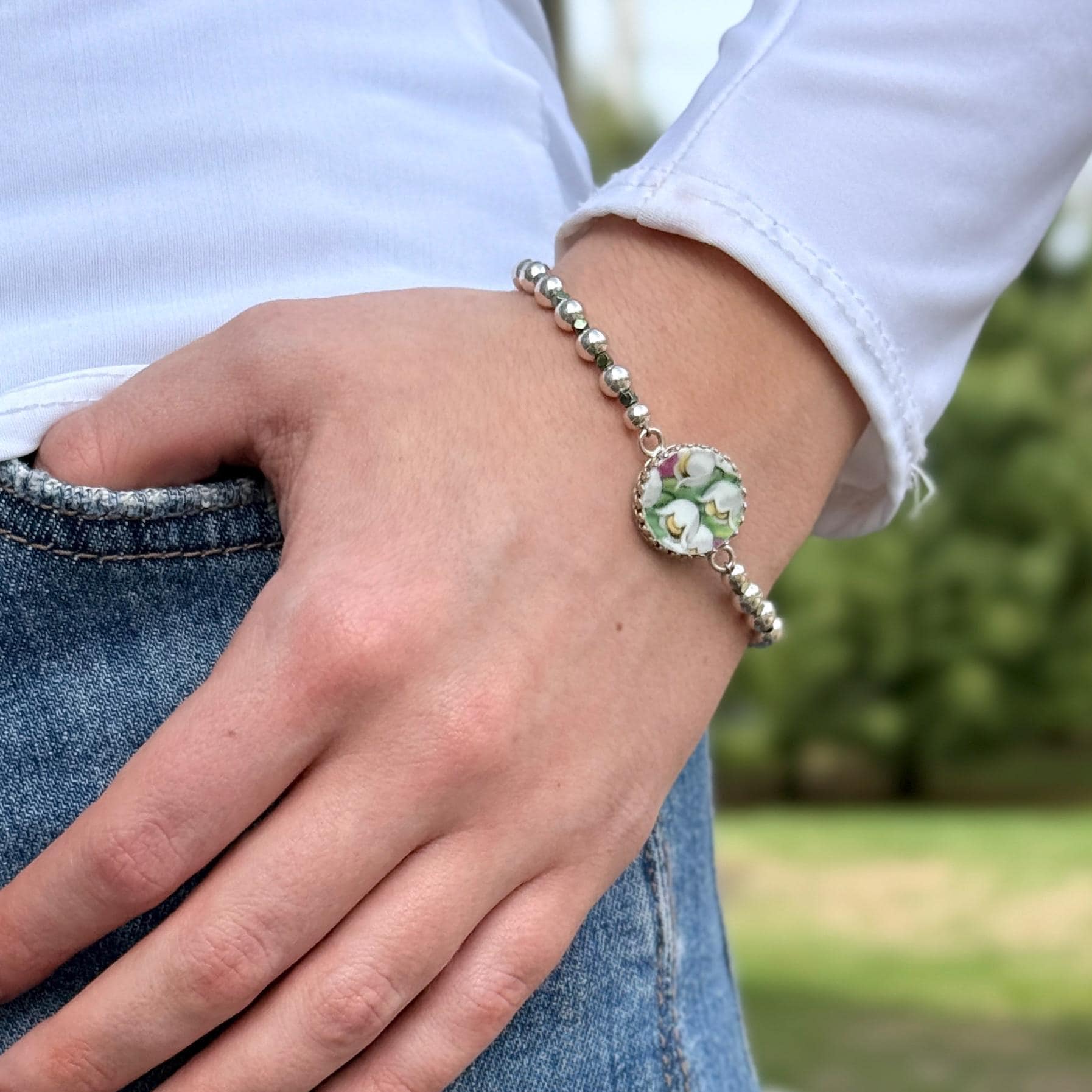 Lily of the Valley China Bracelet, Unique Gifts for Women, Sterling Silver Broken China Jewelry
