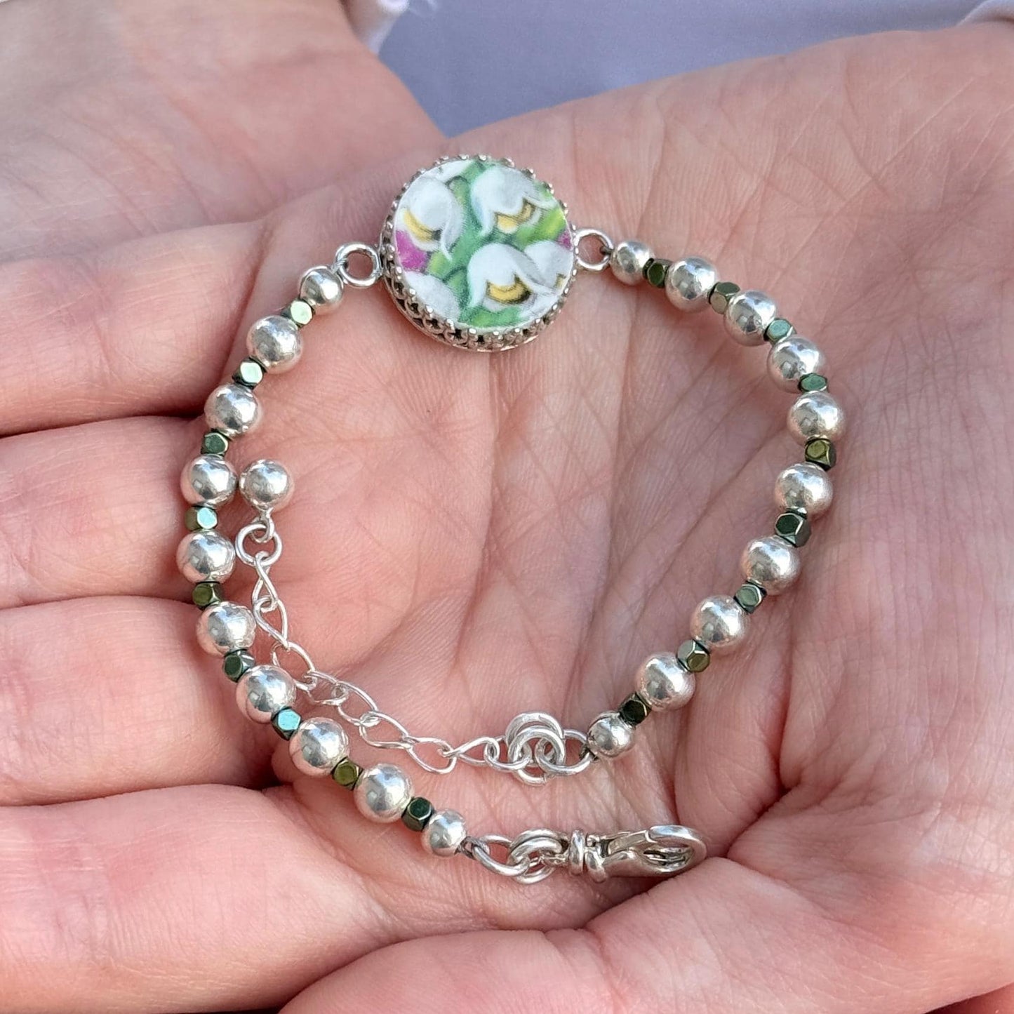 Lily of the Valley China Bracelet, Unique Gifts for Women, Sterling Silver Broken China Jewelry