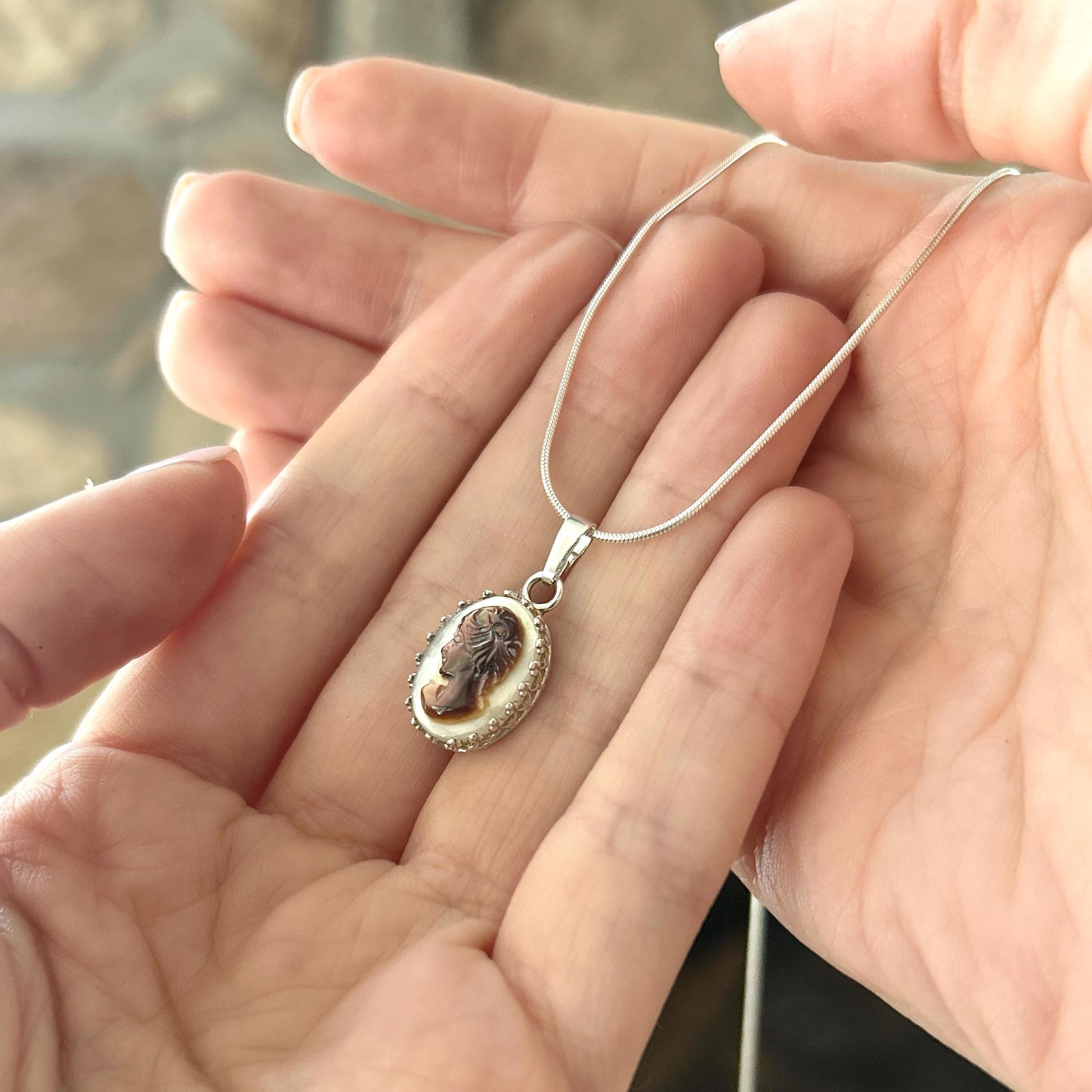 Dainty Vintage Shell Cameo, Sterling Silver Victorian Jewelry