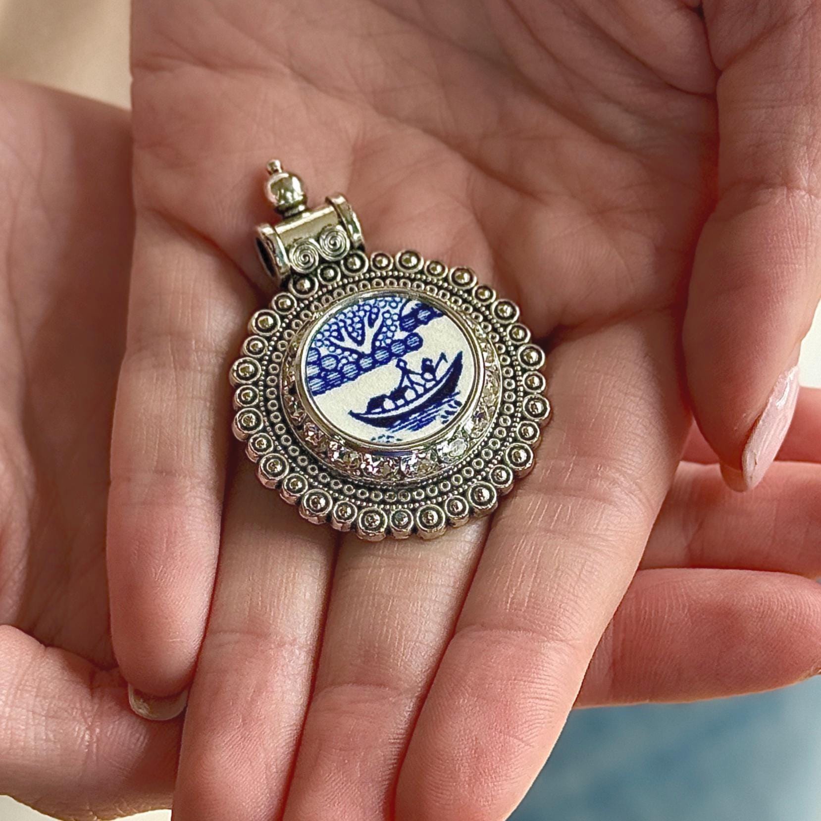 One-of-a-Kind Crystal Pendant, Blue Willow Broken China Jewelry, Nautical Boat Jewelry