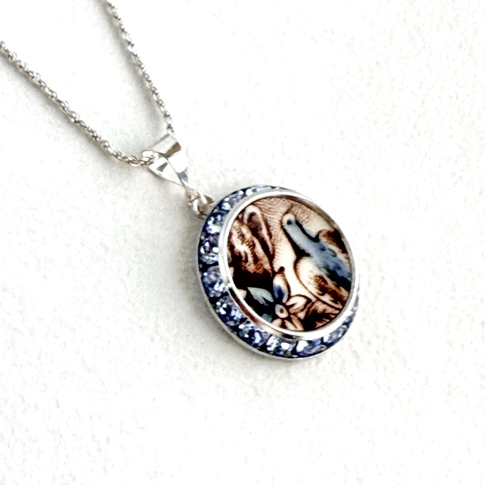One-of-a-Kind Victorian Bird Necklace, Antique Porcelain Crystal Jewelry, 18th Anniversary Gift for Wife