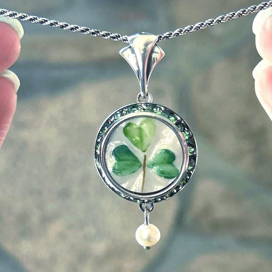 Crystal & Pearl Shamrock Necklace, Repurposed Irish Belleek Jewelry, Celtic Gifts for Women