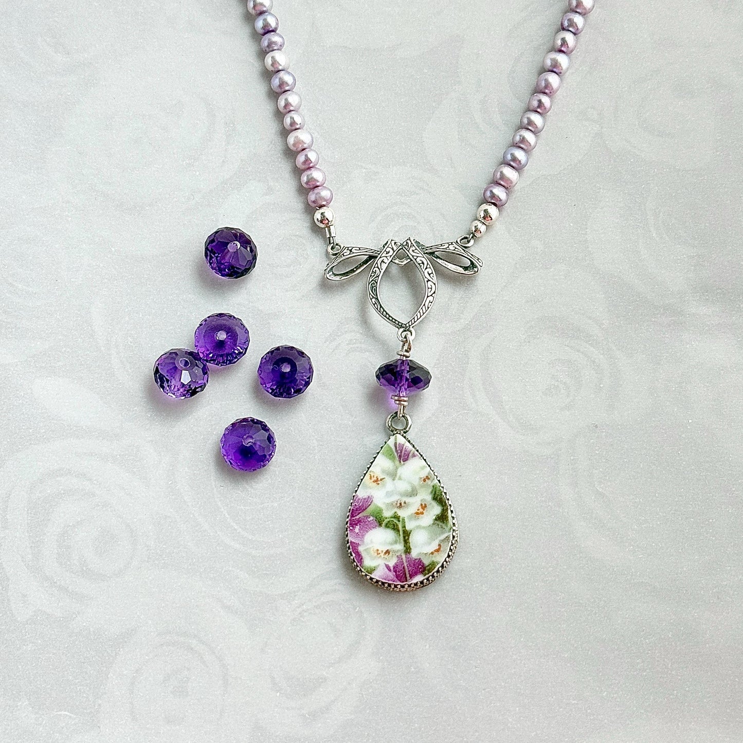 One-of-a-Kind Pearl & Amethyst Necklace, Porcelain 18th Wedding Anniversary Gift for Wife, Lily of the Valley