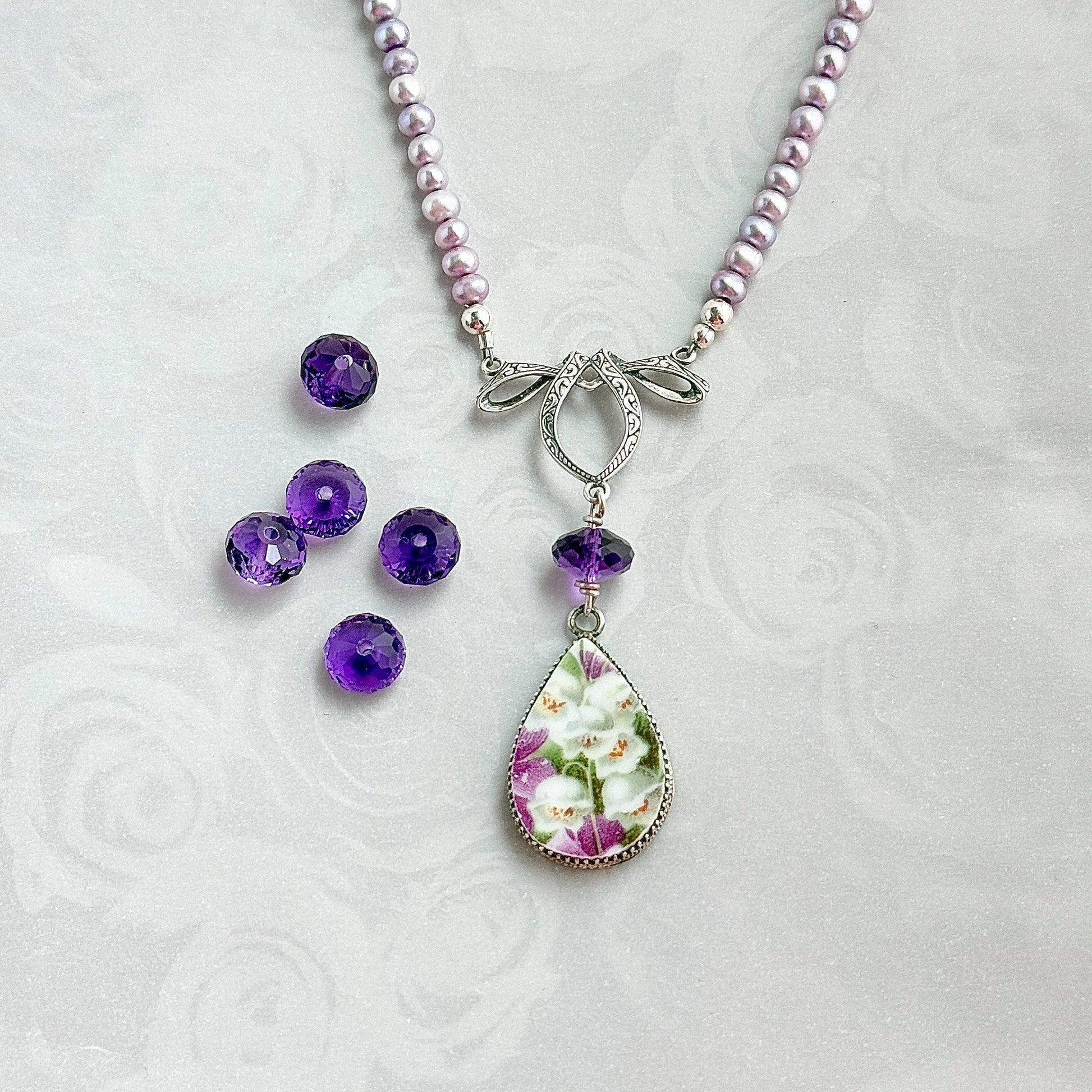One-of-a-Kind Pearl & Amethyst Necklace, Porcelain 18th Wedding Anniversary Gift for Wife, Lily of the Valley
