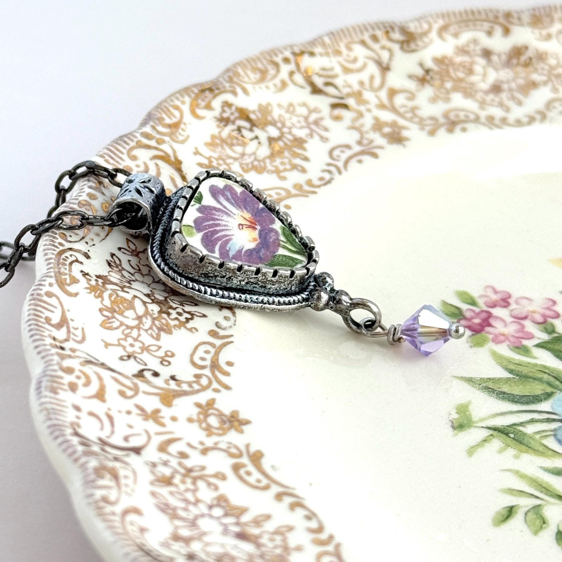 Purple Morning Glory Flower Necklace, Vintage Broken China Pendant, Repurposed Artisan Jewelry