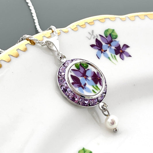 Purple Violet Crystal Necklace, Broken China Jewelry Pearl Pendant, Unique Anniversary Jewelry Gift