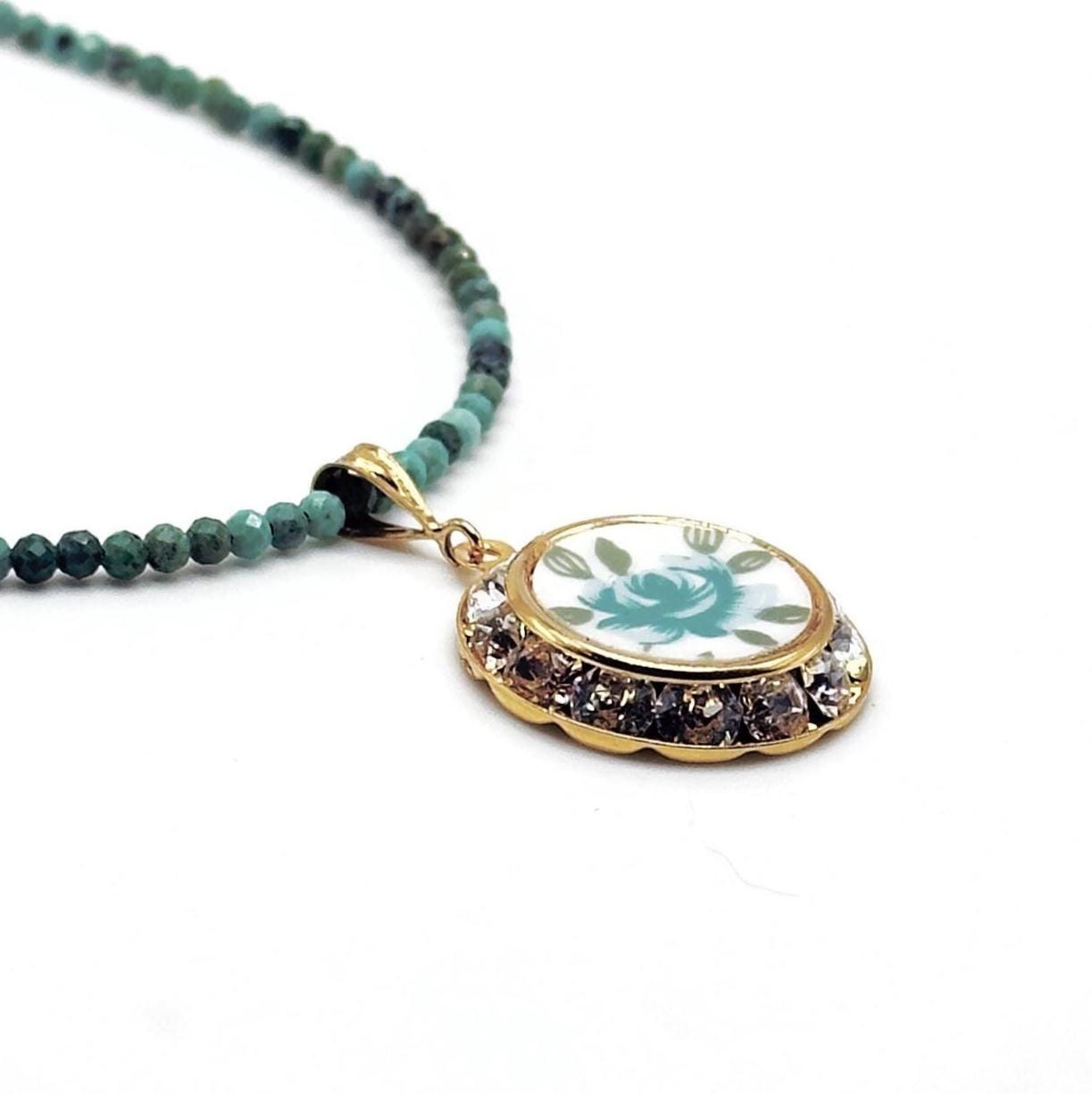 Unique 18th Anniversary Gift for Wife, Vintage Porcelain Turquoise Necklace, Gold Crystal Rose Necklace