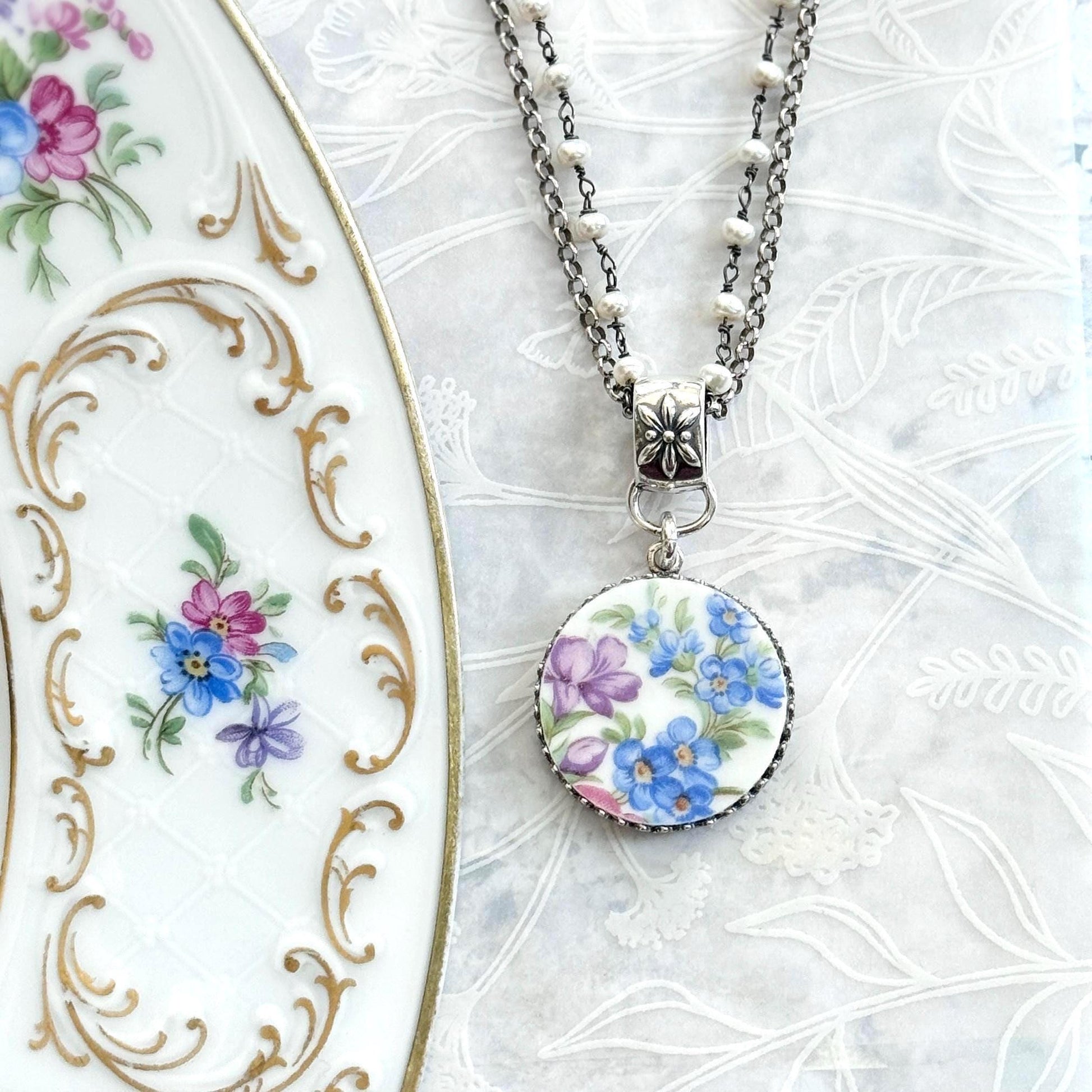 Forget Me Not Flower Necklace, Sterling Silver Pearl and Porcelain Jewelry, Anniversary Gifts for Wife