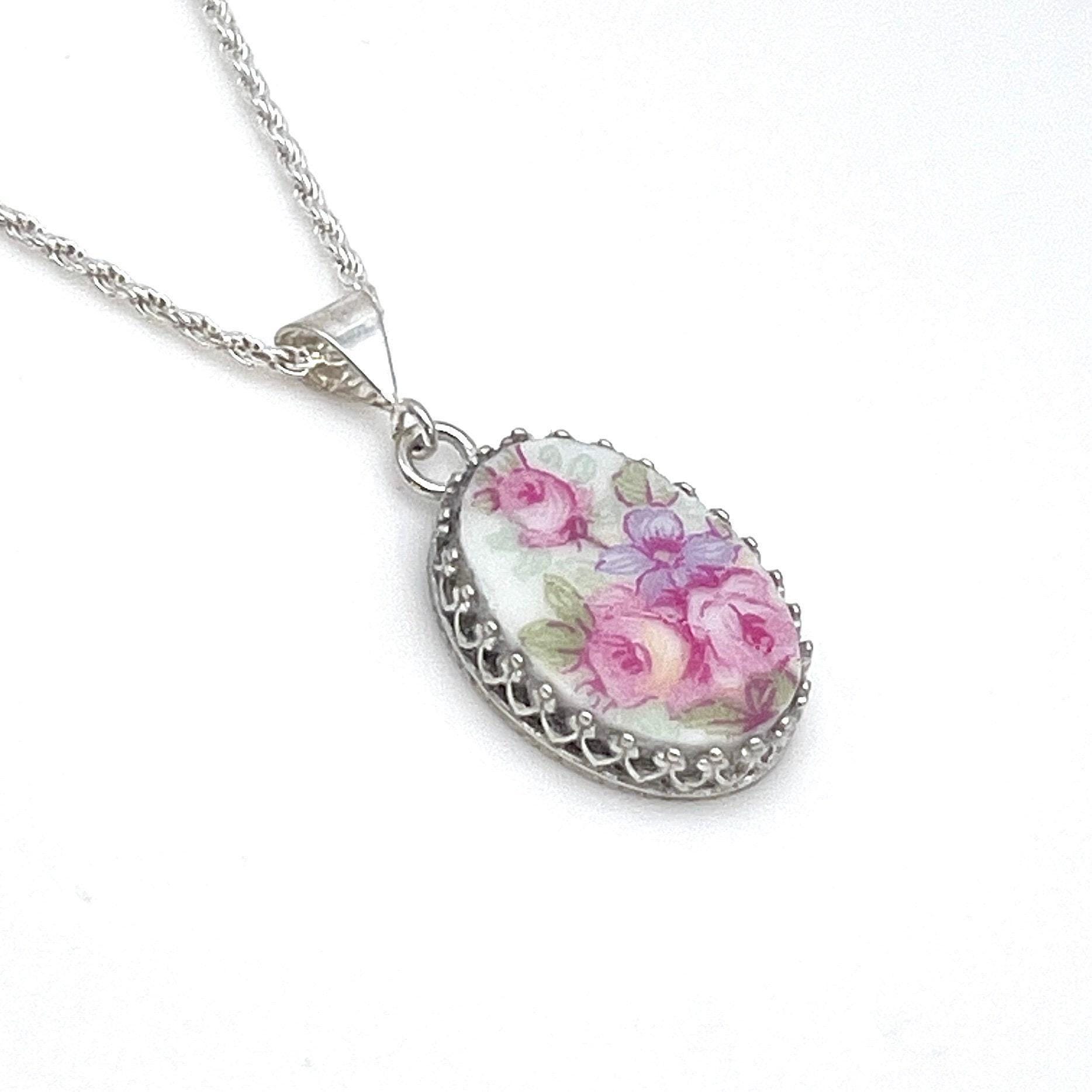 French Limoges Broken China Jewelry, Dainty Pink Roses Minimalist Necklace, Unique Birthday Gift for Wife, Handmade Jewelry Gifts for Women