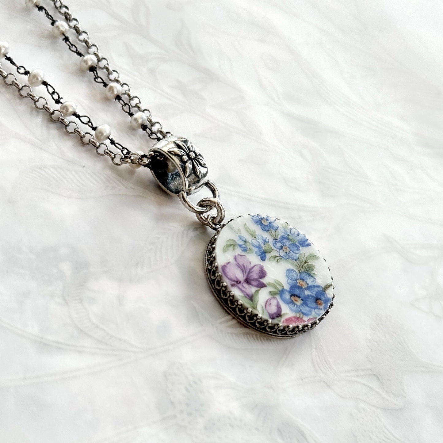 Forget Me Not Flower Necklace, Sterling Silver Pearl and Porcelain Jewelry, Anniversary Gifts for Wife