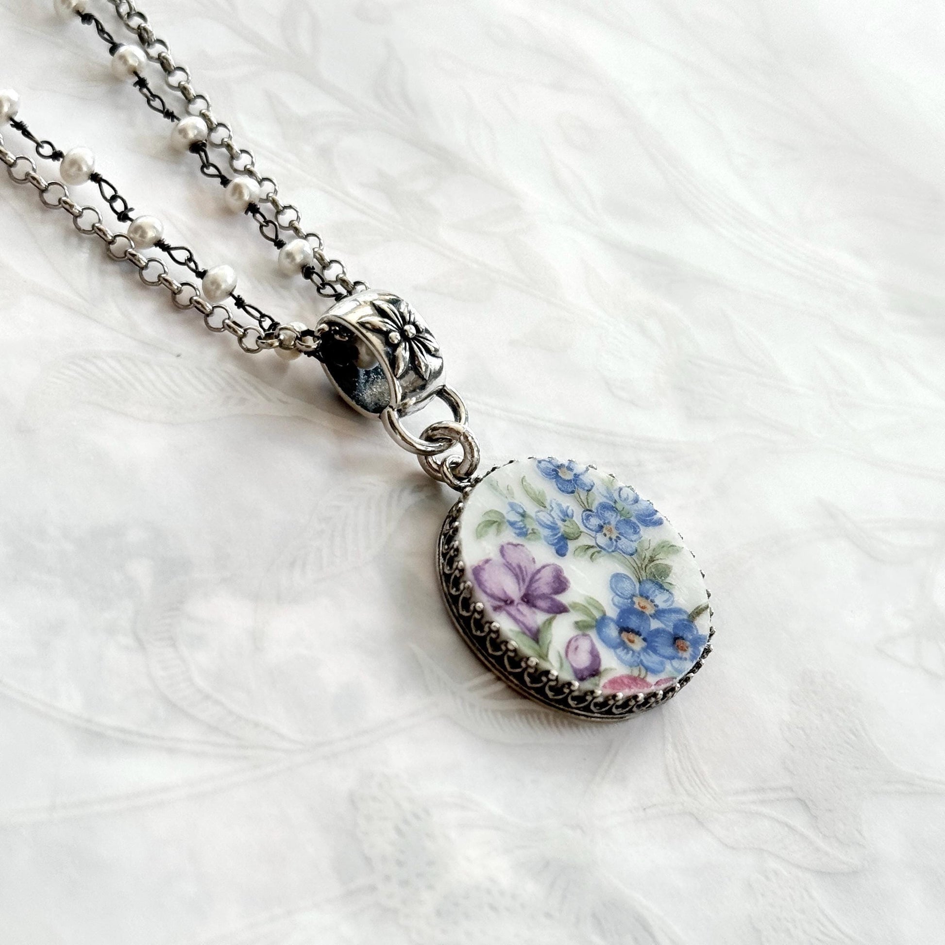 Forget Me Not Flower Necklace, Sterling Silver Pearl and Porcelain Jewelry, Anniversary Gifts for Wife