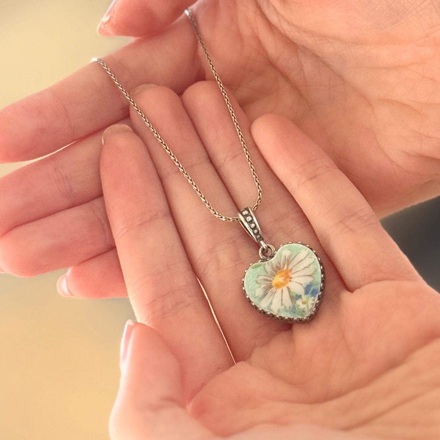 Sterling Silver Daisy Necklace, 20th Anniversary China Gift for Wife, Romantic Broken China Jewelry