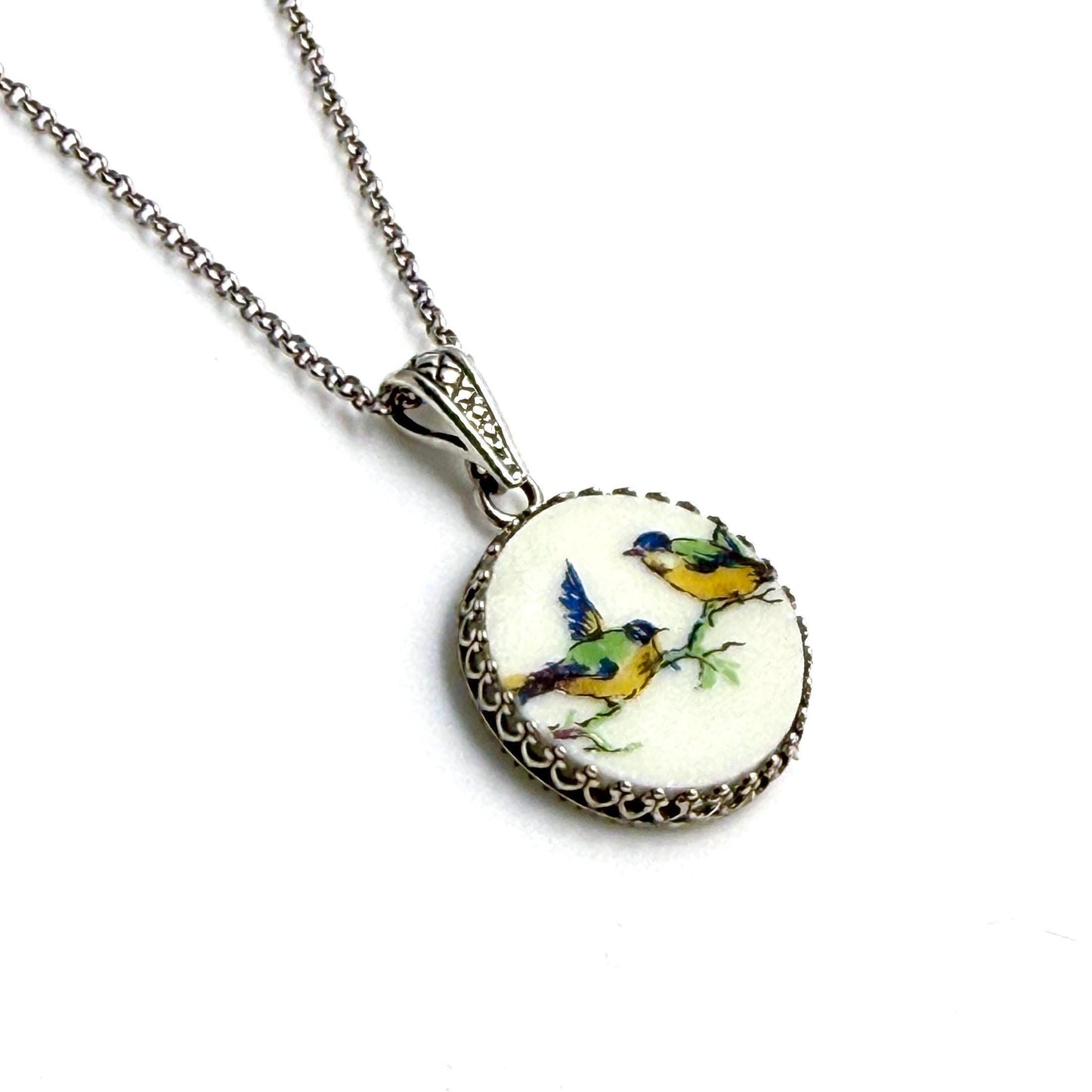Adjustable Love Birds Necklace, Vintage Broken China Jewelry, Handmade 20th Anniversary Gift for Wife